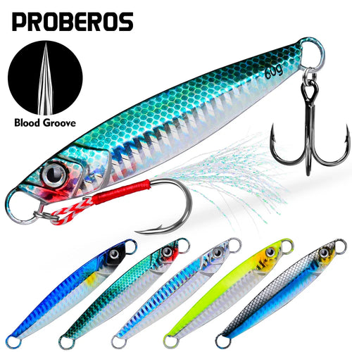PROBEROS 5pcs Luya Iron Plate Sea Fishing Metal Bionic Bait 17g/21g/24g/30g/40g/60g Double Hooks Luminous Fake Bait Wholesale