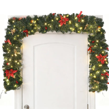 2.7m LED Xmas Fireplace Decor Pre Lit Christmas Garland Door Wreath Pendant (E)