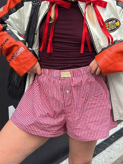 Women’s Y2K Retro Cleanfit Plaid Print Elastic Low Waist Button Front Aesthetic Loungewear Loose Shorts Boxers Streetwear