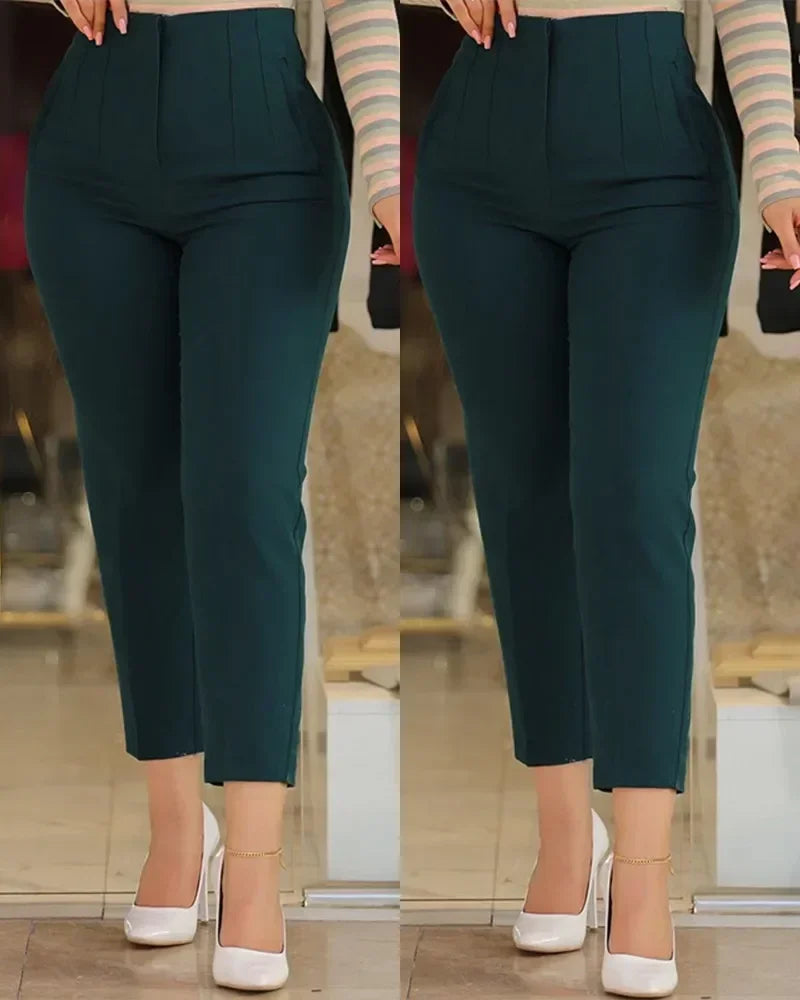 Elegant Pleated Waist Work Pants For Women White All-Match Daily OL Laides Fashion Office Formal Wear High Waisted Trousers