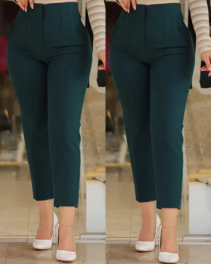 Elegant Pleated Waist Work Pants For Women White All-Match Daily OL Laides Fashion Office Formal Wear High Waisted Trousers