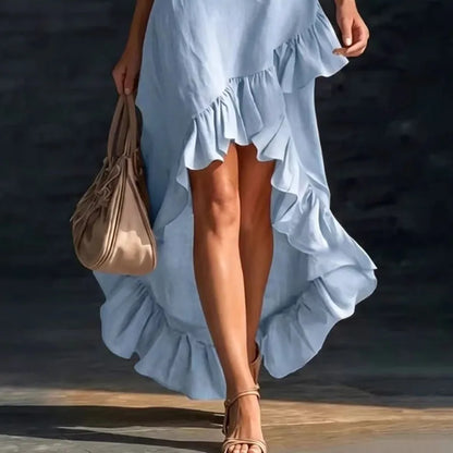 Summer Hot Casual Sleeveless Ruffle Bohemian Dress Women Sexy V Neck Solid Irregular Long Dress Spring Elegant Loose Party Dress