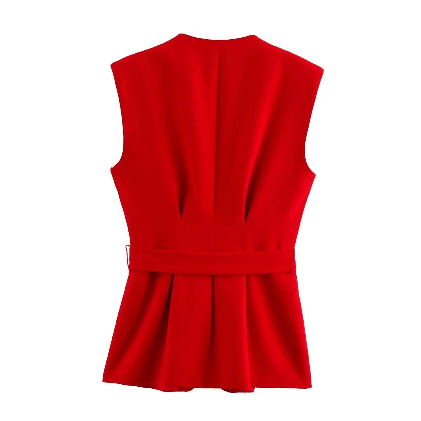 KONDALA Office Lady Chic Red Vest Blazer Suit V Neck Sashes Sleeveless Blazer High Waist Wide Leg Pants Fashion 2025 Summer Sets