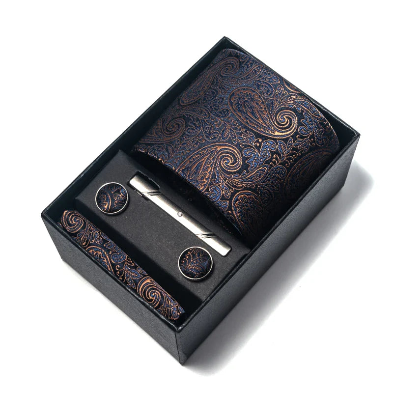Luxury Brand 8 cm Tie Handkerchief Cufflink Clip Set For Men Wedding Gravata Suit Accessories Holiday Gift Box