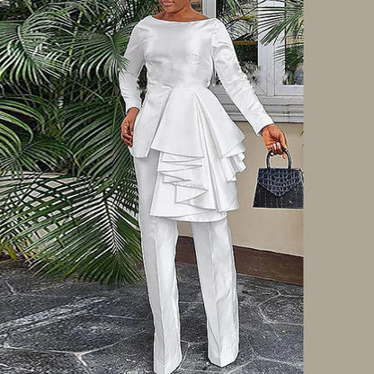 Plus Size VONDA 2024 Women Ruffled Sets Fashion Solid Color Suits Long Sleeve Irregular Top Patchwork Fitting Outfits 2pcs