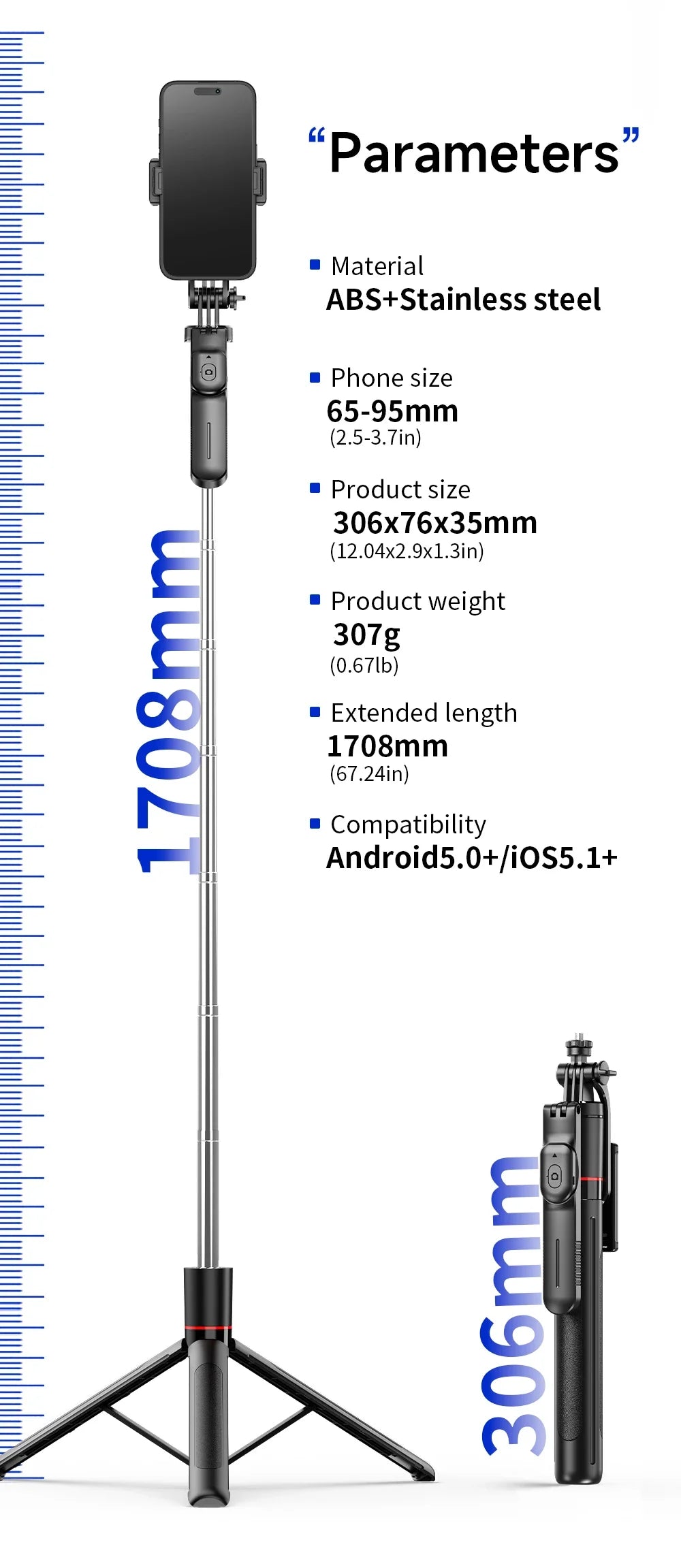 BSLIUFANG 2025 new 1.7M 360° rotation selfie stick tripod foldable stand with Wireless Bluetooth remote control for phone camera