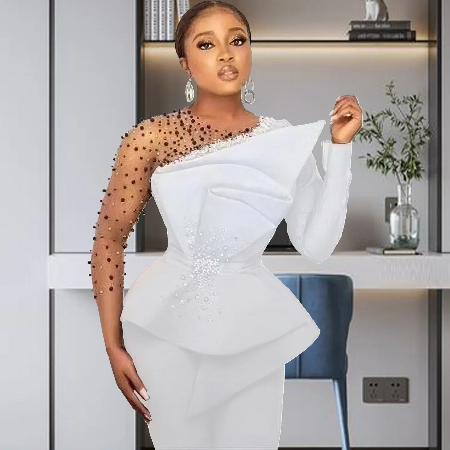 CM.YAYA Vintage Women  Beading Mesh Patchwork Ruffles Fan-shaped Blazer Tops and Pants Suit Two 2 Piece Set Outfits Tracksuit