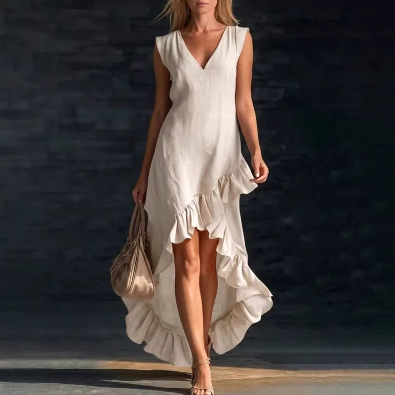Summer Hot Casual Sleeveless Ruffle Bohemian Dress Women Sexy V Neck Solid Irregular Long Dress Spring Elegant Loose Party Dress