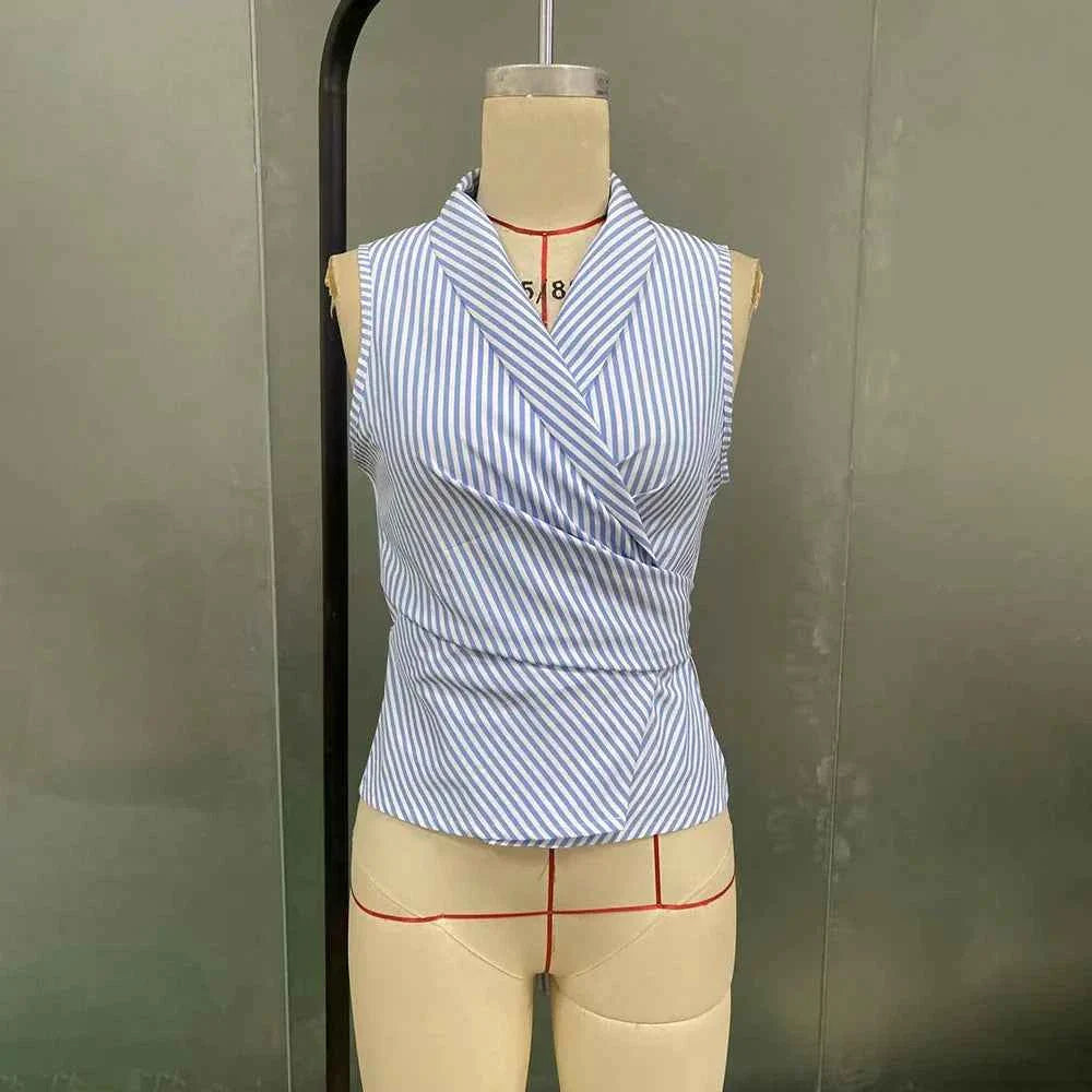 Casual Strap Waist Slim Vest Shirt Women 2025 Summer Fashion Sleeveless Striped Print Blouse Tops Female Elegant
