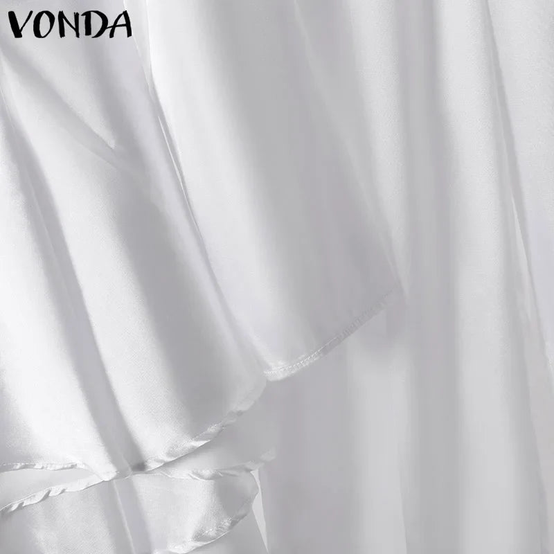 Plus Size VONDA 2024 Women Ruffled Sets Fashion Solid Color Suits Long Sleeve Irregular Top Patchwork Fitting Outfits 2pcs