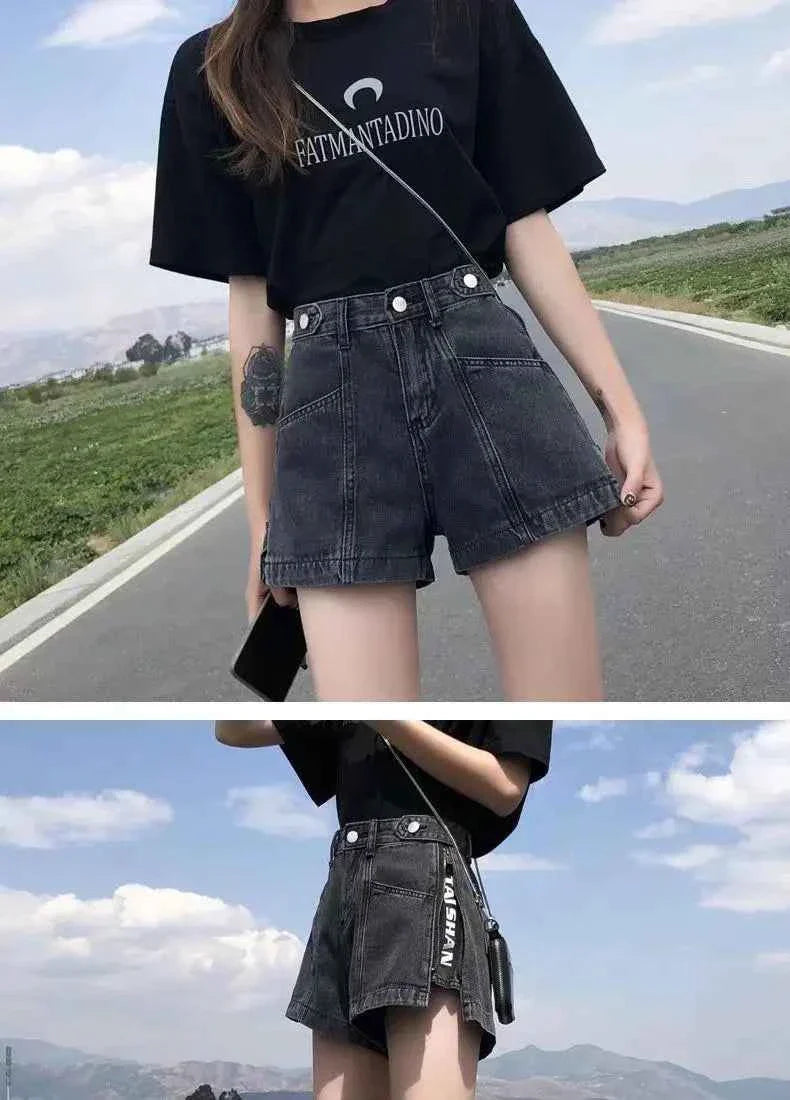 Women's Korean Y2K Black Denim Shorts Summer Thin High Waist A-Line Loose Wide Leg Slimming Hot Pants