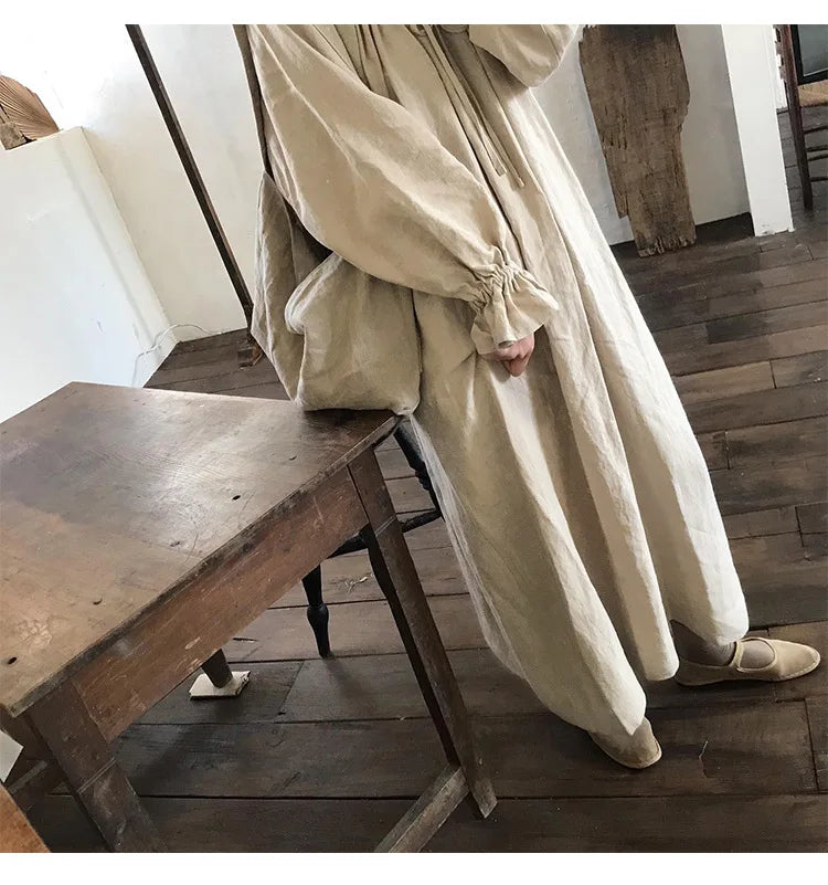 2025 New Spring Cotton Linen Dress for Women Solid Long Sleeve Drawstring Office Lady Elegant Maxi Dress