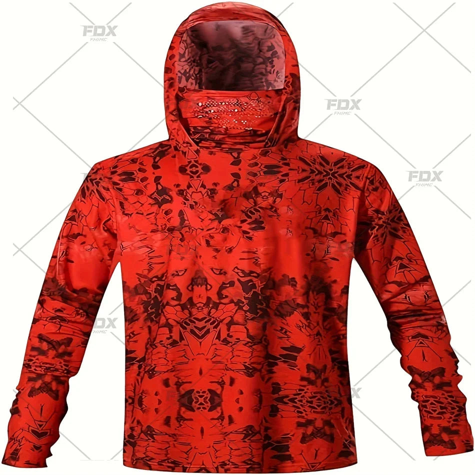 Army Green Camo Colorful Hoodie with Face Mask UV 50+Gaiter Fishing Clothing Men's Long sleeved Breathable Quick Drying T-shirt