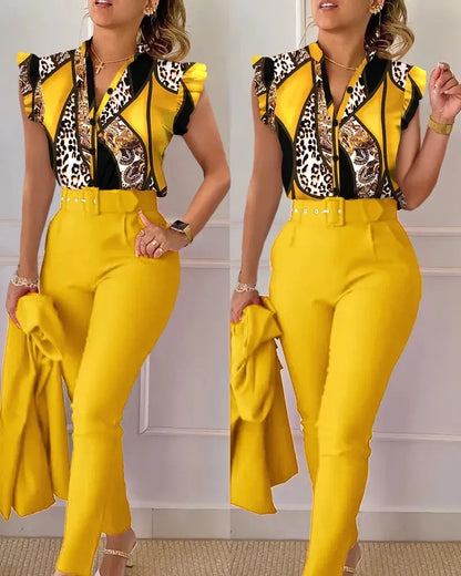 Elegant Women Two Piece Set Suits New Fashion Printed Ruffle Sleeve Top Solid Color Pants Set With Belt  Blouses Female Clothing