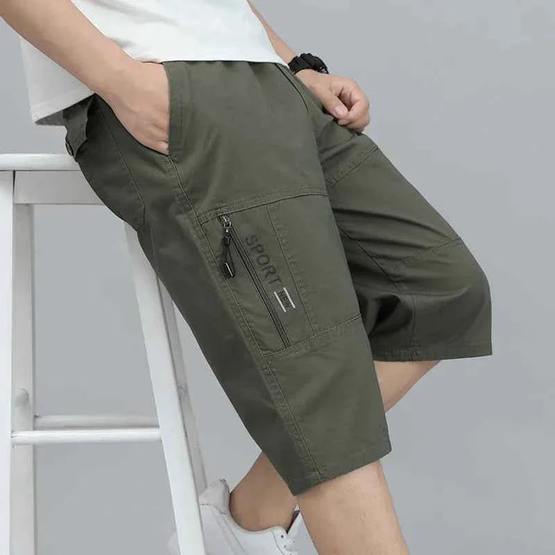 Mens Cargo Shorts Knee Pants Zipper Pocket Summer Cotton Shorts Climbing Jogger Elastic Waist Sports Wear