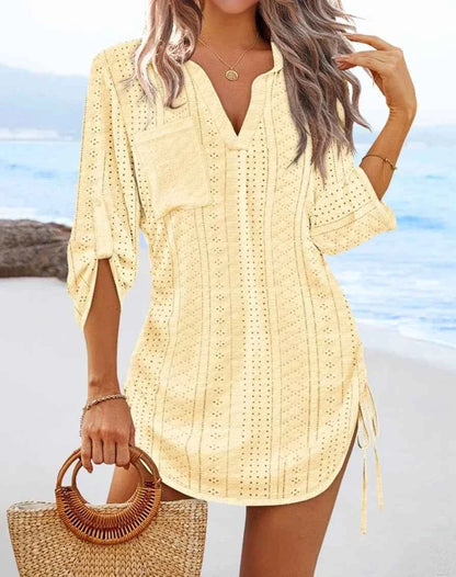 Women's V-Neck Hollow Out Beach Tunic - Lightweight Summer Cover Up with Side Tie Details