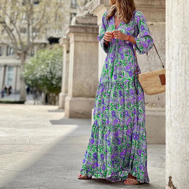 Elegant Women's Flower Long Dresses 2024 Spring New Bohemian Printed  Dress Abıye Kadın Abiye  Платье Robe Ete Femme Vestidos