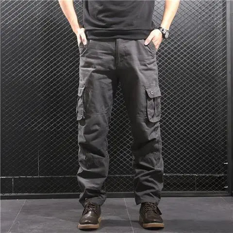Men's Cotton Cargo Pants – Loose Fit, Multi-Pocket, Camo & Black, Waist 31-36