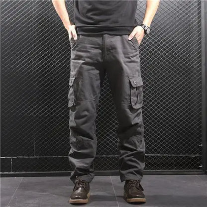 Men's Cotton Cargo Pants – Loose Fit, Multi-Pocket, Camo & Black, Waist 31-36