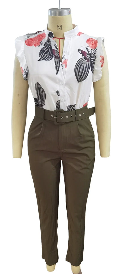 Elegant Women Two Piece Set Suits New Fashion Printed Ruffle Sleeve Top Solid Color Pants Set With Belt  Blouses Female Clothing