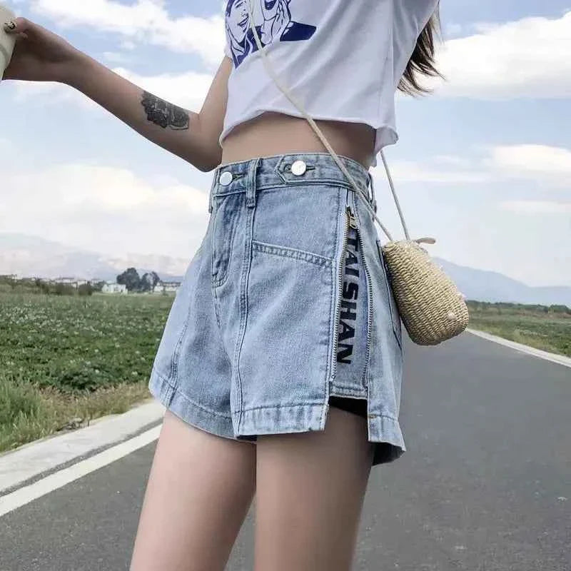 Women's Korean Y2K Black Denim Shorts Summer Thin High Waist A-Line Loose Wide Leg Slimming Hot Pants