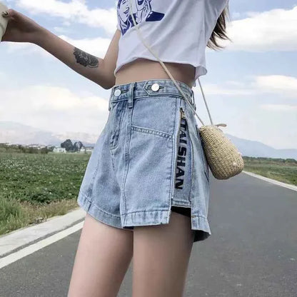 Women's Korean Y2K Black Denim Shorts Summer Thin High Waist A-Line Loose Wide Leg Slimming Hot Pants