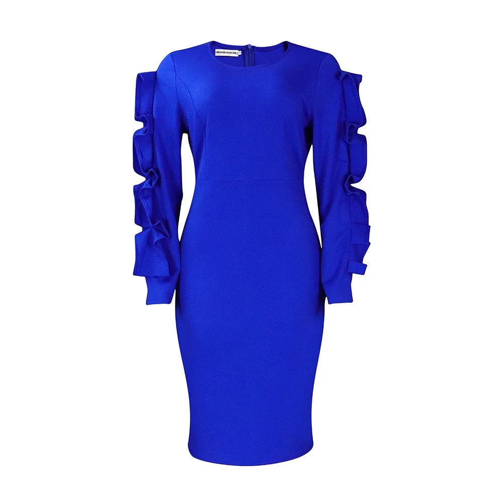Elegant Office Dresses for Woman 2024 New O Neck Petal Sleeve Sheath Package Hips Mid Calf Formal Business Work Wear Dress Midi