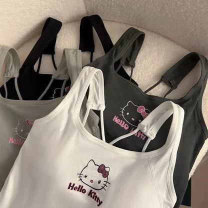 Summer Cute Girly Style HelloKitty Printed Suspender Vest with Chest Pad Slim Pinch Waist Versatile Vintage Top