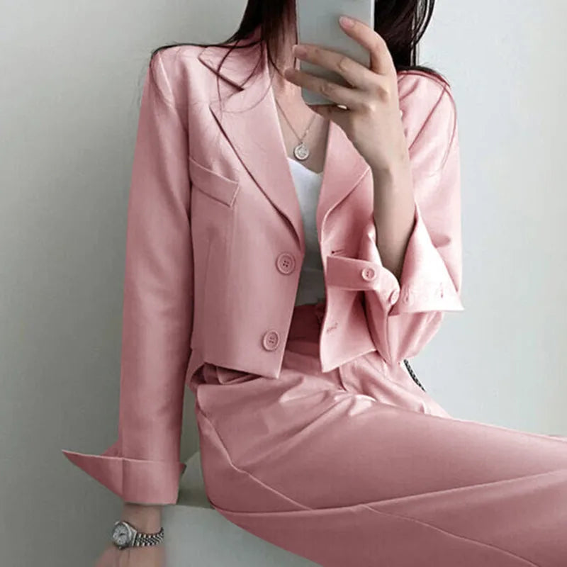 Suit Coat 2 Piece Set Women Blazer Jacket Straight Pants Ensemble Single Breasted Turn Down Collar Trousers Office Lady Outfits