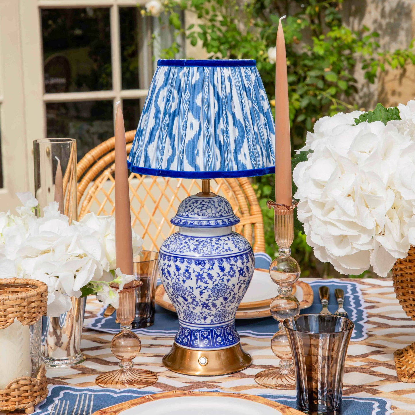 Chinoiserie Rechargeable Lamp with Cobalt Ikat Shade (22cm)