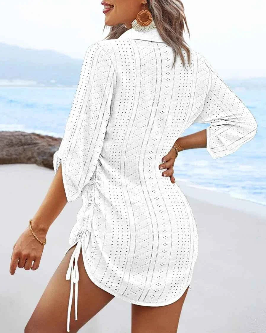 Women's V-Neck Hollow Out Beach Tunic - Lightweight Summer Cover Up with Side Tie Details