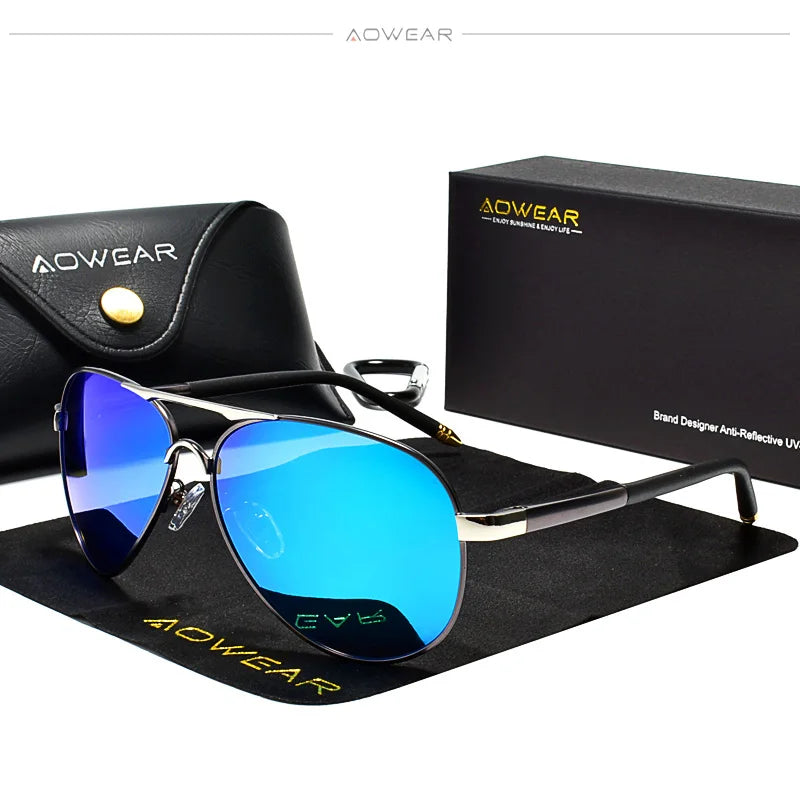AOWEAR Men's Aviation Sunglasses Men Polarized Mirror Sunglass for Man HD Driving Pilot Sun Glasses