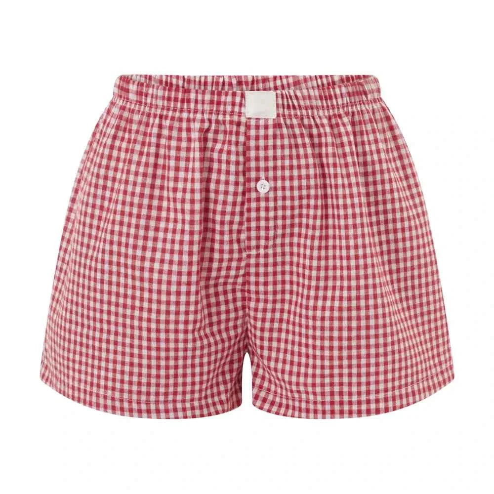 Women’s Y2K Retro Cleanfit Plaid Print Elastic Low Waist Button Front Aesthetic Loungewear Loose Shorts Boxers Streetwear