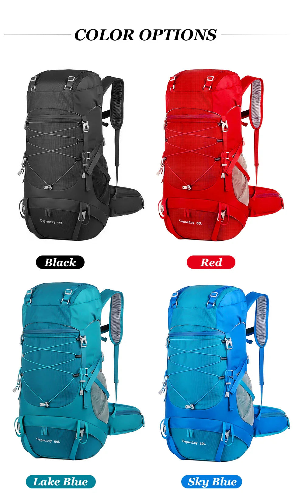 WESTTUNE 50L Hiking Backpack with Rain Cover Multifunctional Mountaineering Bag