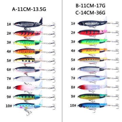 Topwater Popper Fishing Lure – 11cm & 14cm Hard Bait with Rotating Wobbler Tail