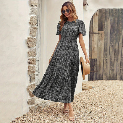 Spring Summer Tierred Dress Women Midi Dresses Female Short Sleeve Elastic Waist Printed Floral Pleated Backless Casual Dress
