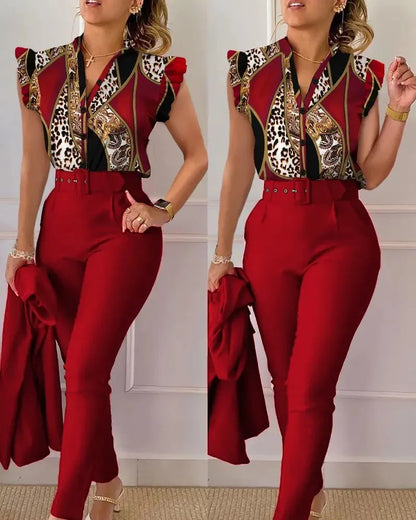 Elegant Women Printed Two Piece Suit Sets Spring Autumn V Neck Short Sleeve Shirt Top & Long Pants Set With Belt Workwear Outfit
