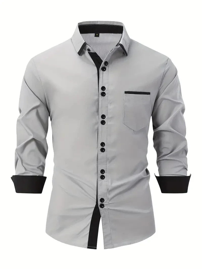 Men's Shirt Business Casual Comfortable Cotton Lapel Color Matching Pocket Holiday Long Sleeve Top