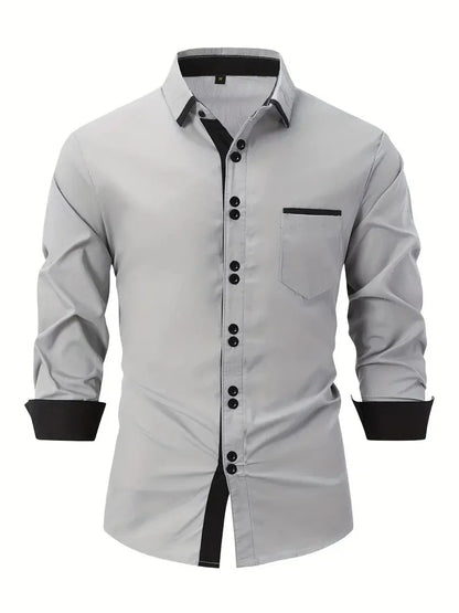Men's Shirt Business Casual Comfortable Cotton Lapel Color Matching Pocket Holiday Long Sleeve Top