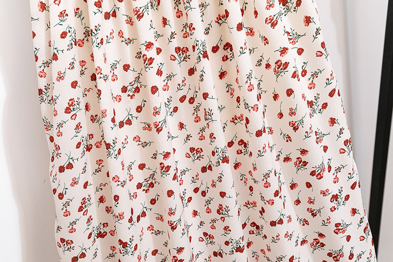 Spring Summer Chiffon Dress Women Midi DressesFemale Short Sleeve Elastic Waist Printed Floral Pleated Backless Casual Dress