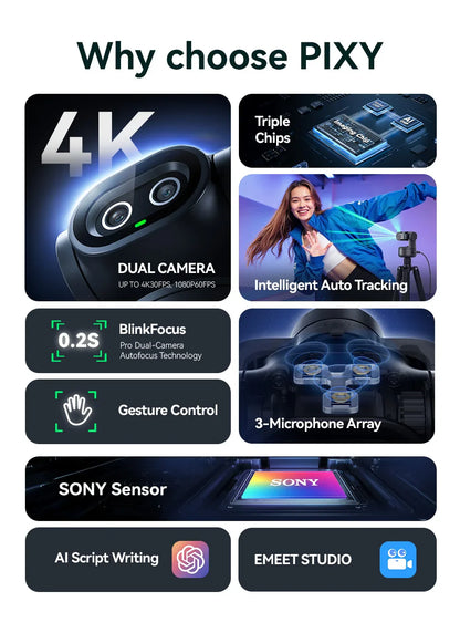 4K Webcam PTZ Web Camera EMEET PIXY Dual-Camera AI Tracking Video Camera for Streaming With SonySensor Gesture Control Autofocus