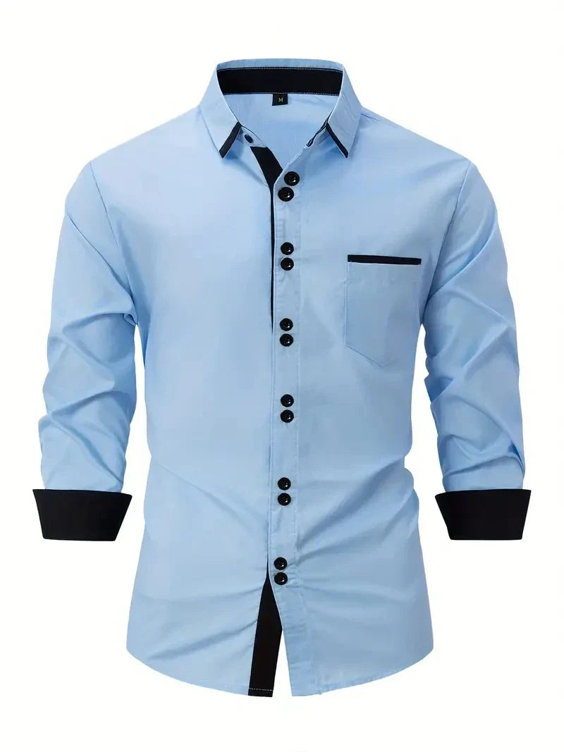 Men's Shirt Business Casual Comfortable Cotton Lapel Color Matching Pocket Holiday Long Sleeve Top
