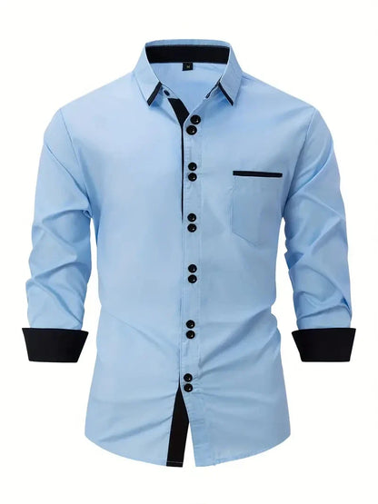 Men's Shirt Business Casual Comfortable Cotton Lapel Color Matching Pocket Holiday Long Sleeve Top