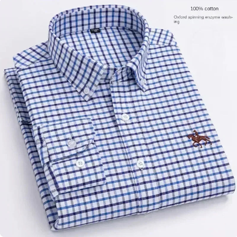 S~7XL 100% Pure Cotton Men's Long Sleeve Oxford Spinning Shirt Business Leisure Embroidery Pocket Slim Fit Button Style Soft Med