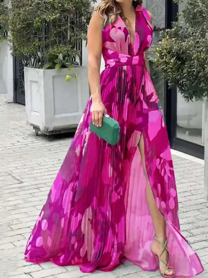 2024 Women Open Back High Split Party Dress Lady Pleat Big Hem Halter A-line Dresses Elegant Pattern Print V-neck Female Dress