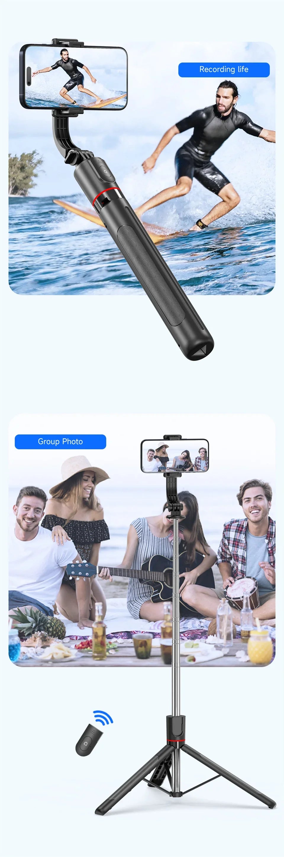 BSLIUFANG new 1.7M Wireless Selfie Stick for Smartphone with Bluetooth Remote, Portables Foldable Stand for Vlog Shooting Record