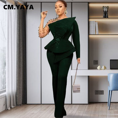 CM.YAYA Vintage Women  Beading Mesh Patchwork Ruffles Fan-shaped Blazer Tops and Pants Suit Two 2 Piece Set Outfits Tracksuit