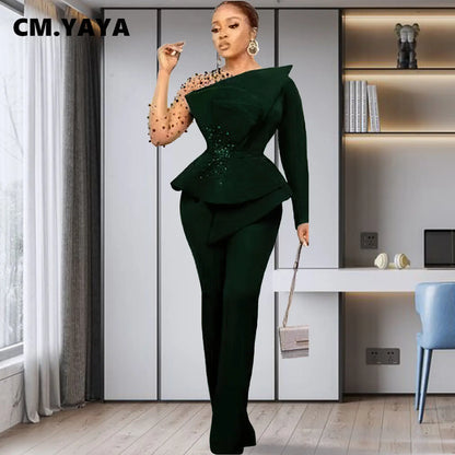 CM.YAYA Vintage Women  Beading Mesh Patchwork Ruffles Fan-shaped Blazer Tops and Pants Suit Two 2 Piece Set Outfits Tracksuit