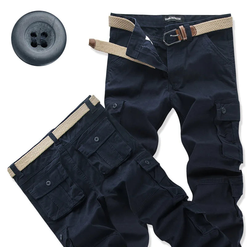 Men's Cotton Cargo Pants – Loose Fit, Multi-Pocket, Camo & Black, Waist 31-36