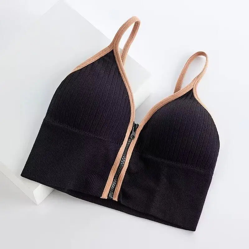Sexy Zipper Female V-Neck Wireless Bra New Seamless Soft Crop Top Beautiful Back Outside Wear Bralette Lingerie